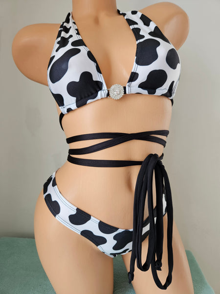 Cow Print Halter Top Thong Bikini