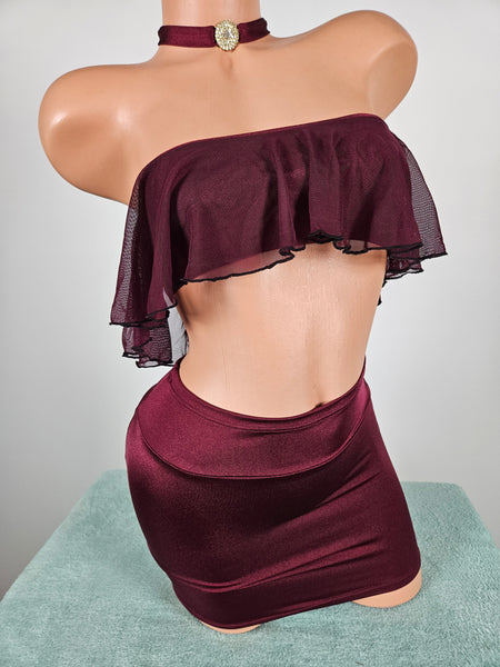Burgundy Ruffle Top Skirt Set w/ Matching Choker