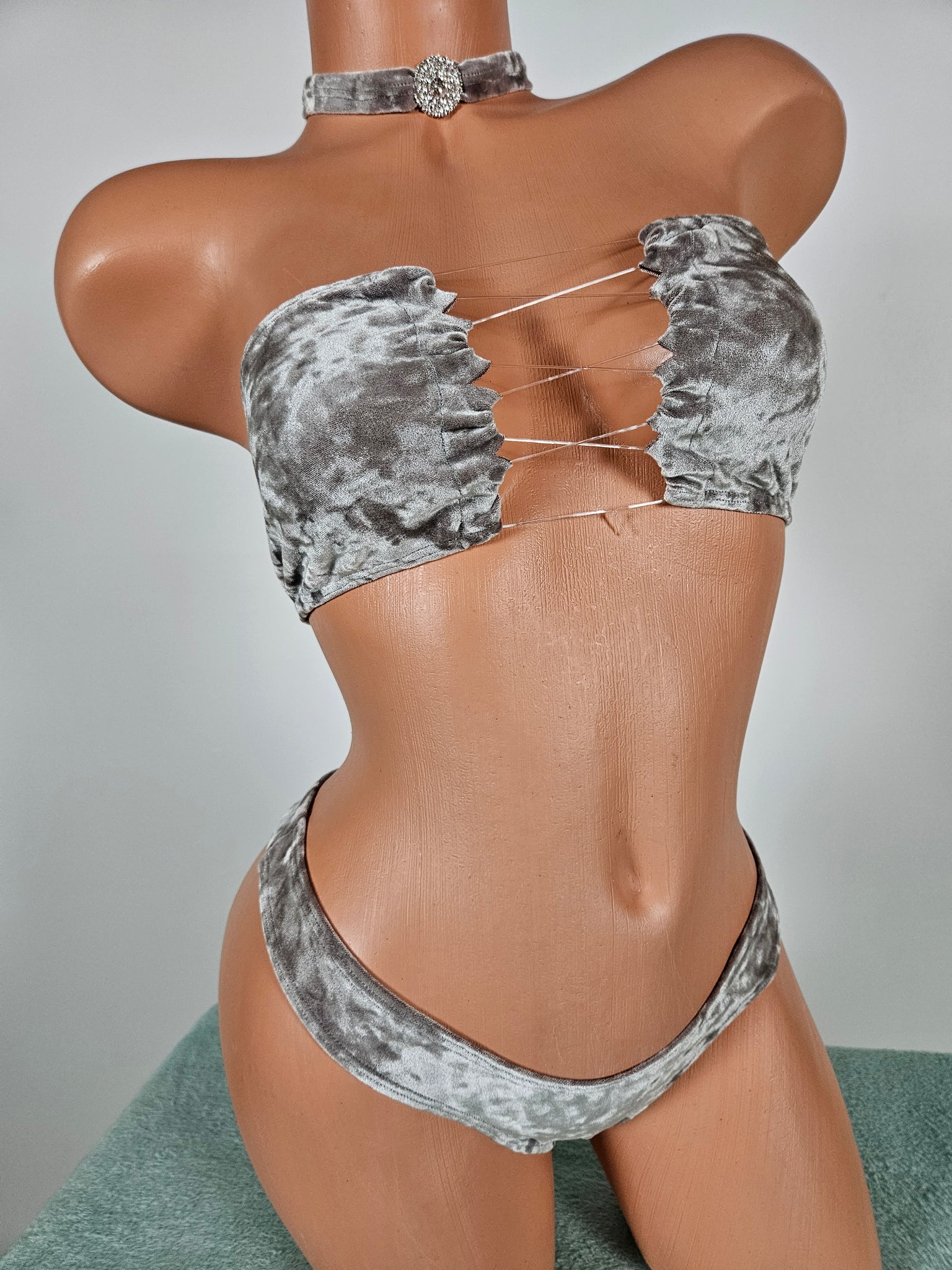Crushed Velvet Lace Up Top &  Thong Bikini w/ Matching Choker