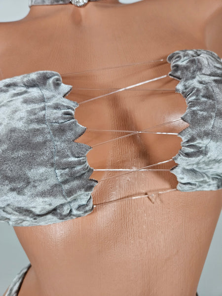 Crushed Velvet Lace Up Top &  Thong Bikini w/ Matching Choker
