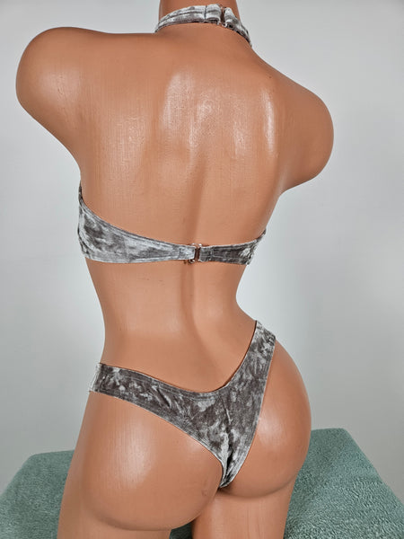 Crushed Velvet Lace Up Top &  Thong Bikini w/ Matching Choker