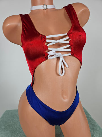 Red, White, & Blue Cut Out Monokini w/ Rhinestone Star Choker