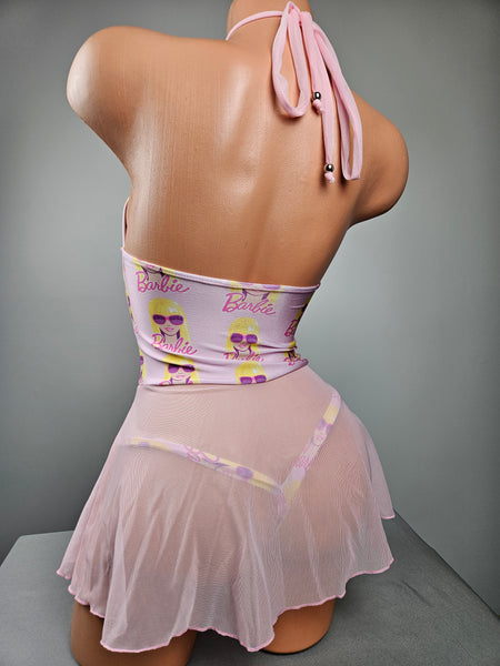 Halter Mini Dress w/ Ruffled Mesh Skirt & Matching Thong
