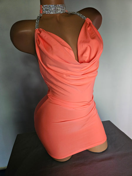 Rhinestone Choker Drape Cowl Mini Dress (Small)
