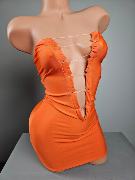 Orange Lace Up Mini Dress