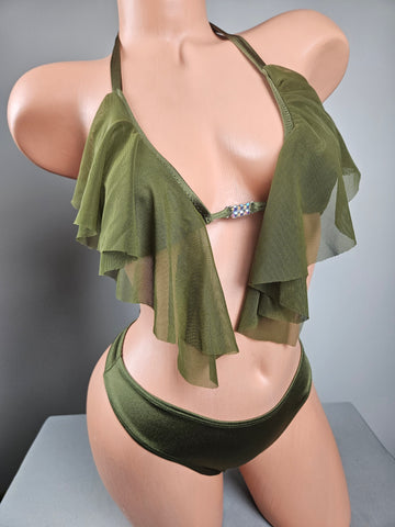 Olive Green Thong Bikini w/ Ruffles