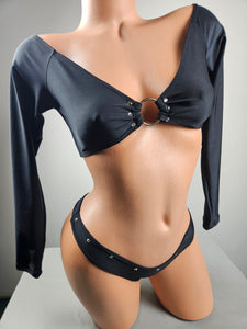Black Long Sleeve Thong Bikini