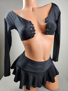 Black Long Sleeve Ruffle Skirt Set