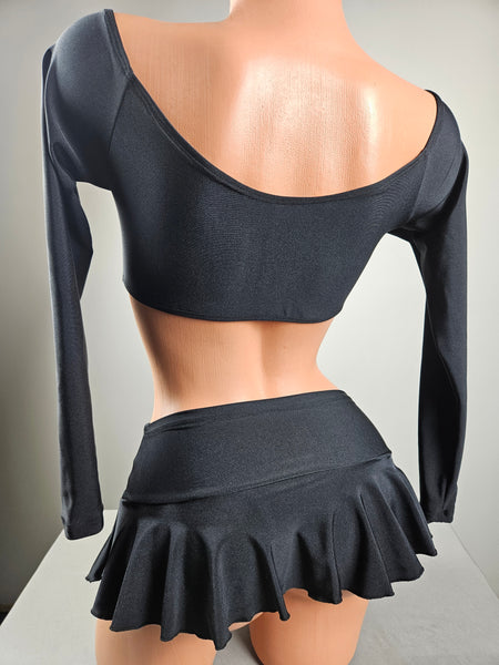 Black Long Sleeve Ruffle Skirt Set