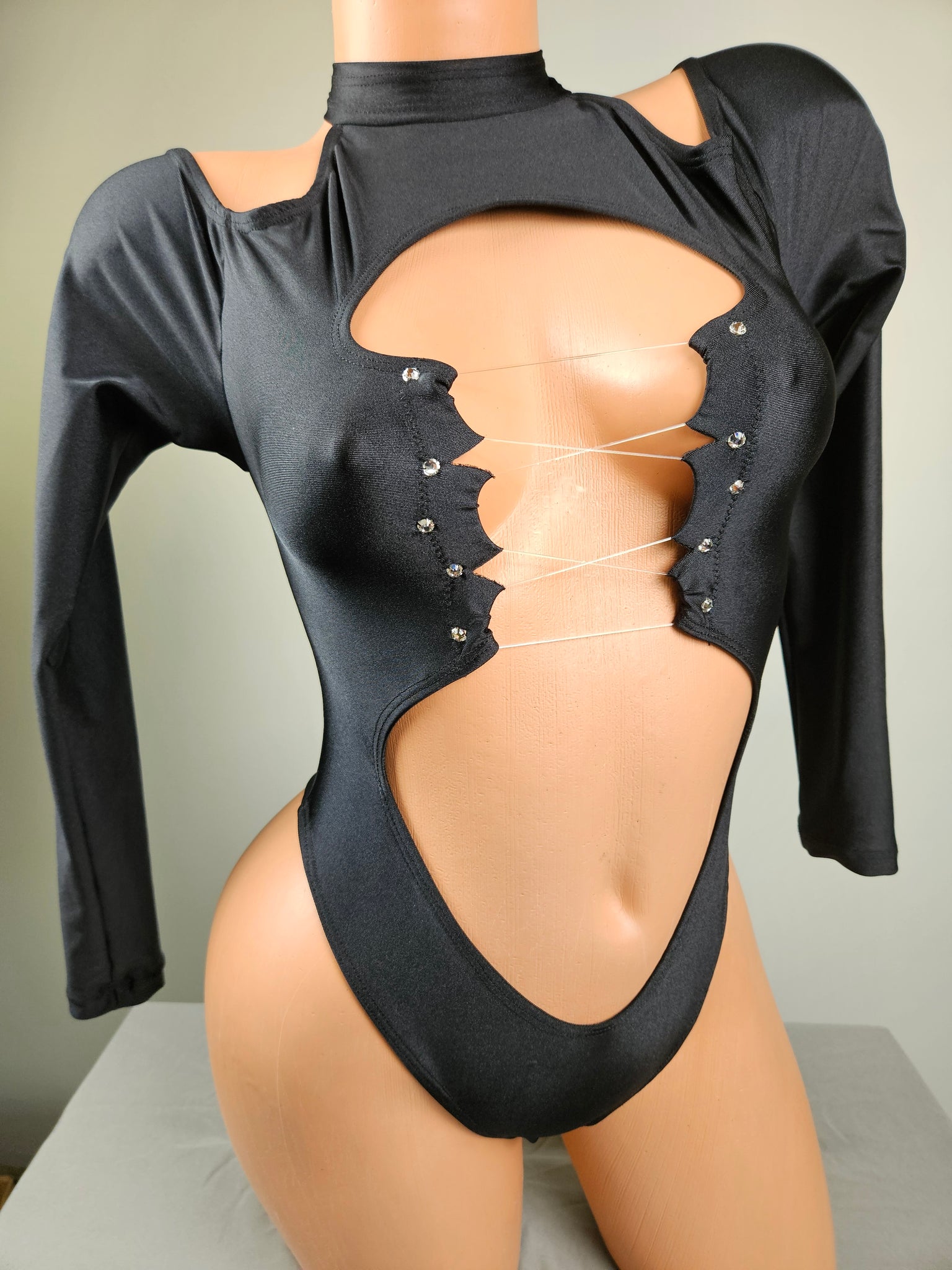 High Neck Lace Up Long Sleeve Thong Back Romper