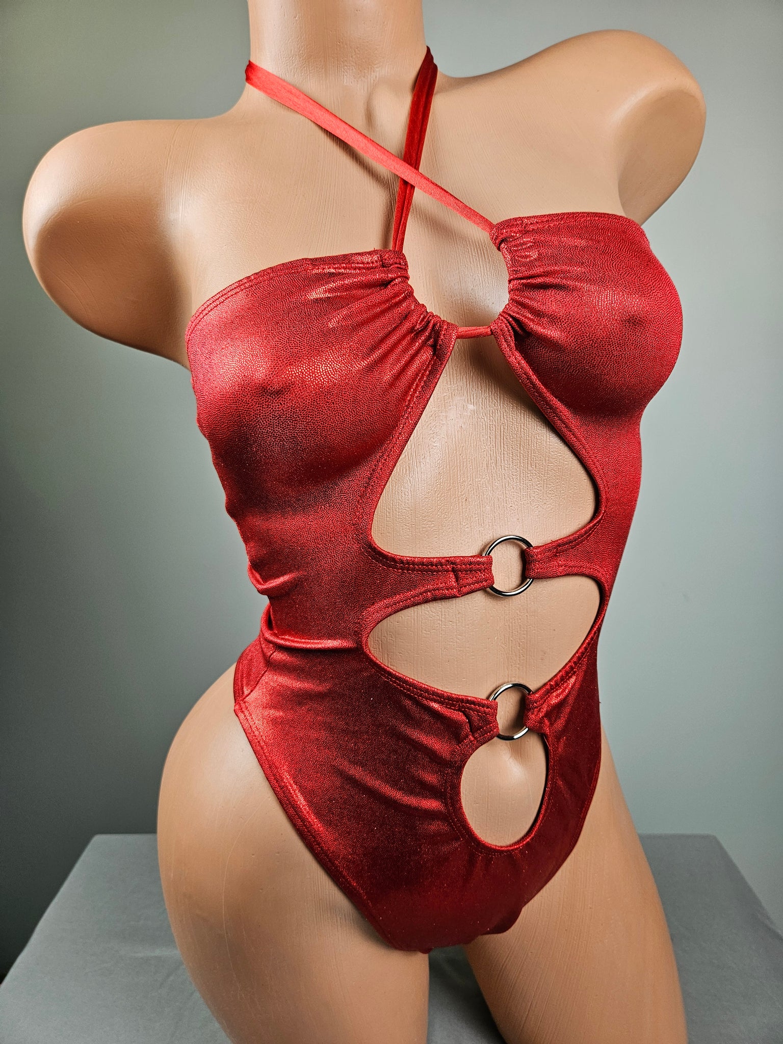 Red Holographic Cut Out Thong Back Romper (SOLD AS IS)