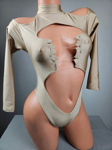 High Neck Lace Up Long Sleeve Thong Back Romper