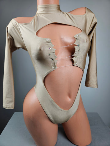 High Neck Lace Up Long Sleeve Thong Back Romper