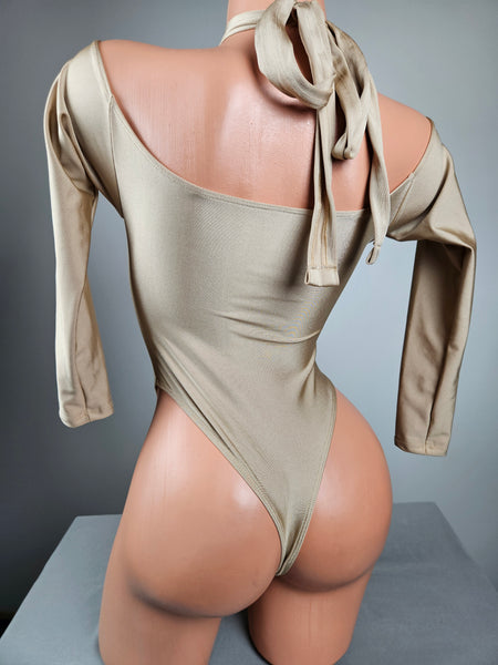 High Neck Lace Up Long Sleeve Thong Back Romper