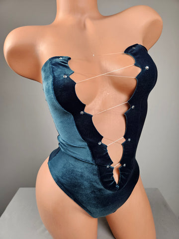 Strapless Velvet Lace Up Thong Back Romper