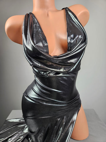 Metallic Silver Draped Cowl Gown