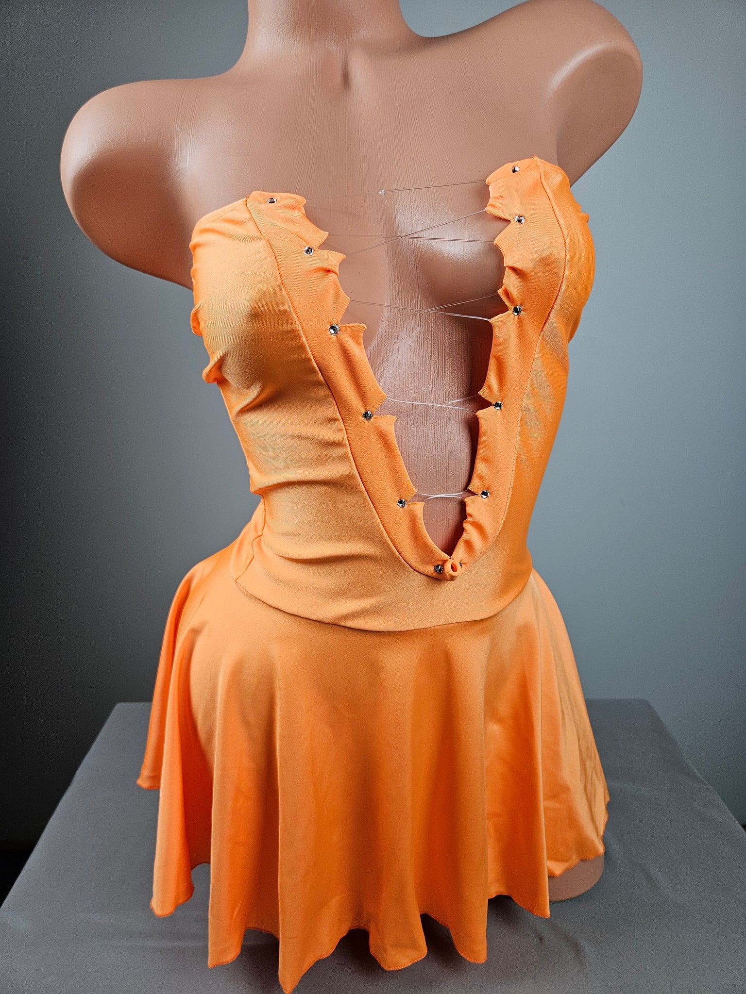 Orange Lace Up Strapless Mini Dress