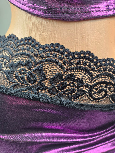 Metallic Purple Cowl Drape Shirred Skirt Set