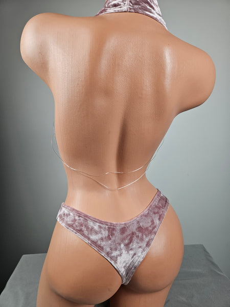 Pink Crushed Velvet Cowl Drape Top Thong Bikini