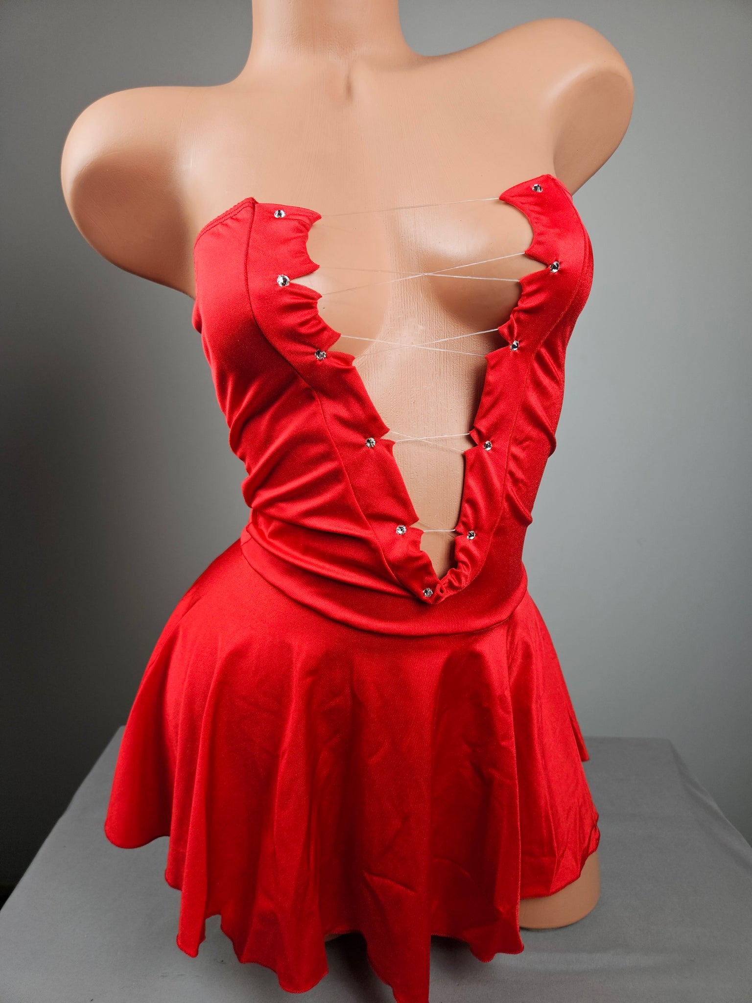 Red Lace Up Strapless Mini Dress