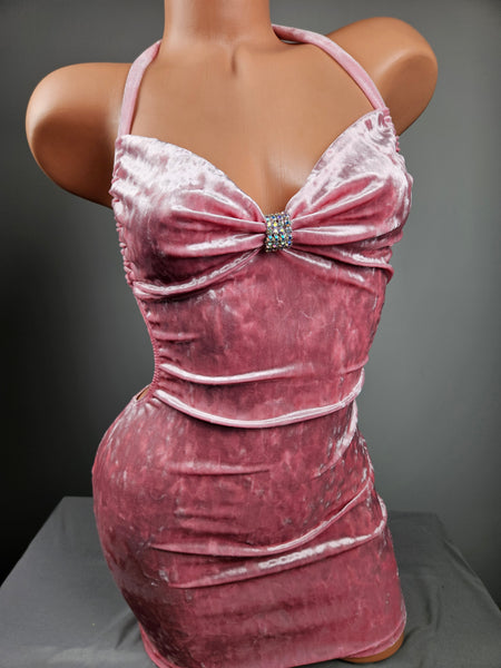 Pink Crushed Velvet Drawstring Mini Dress