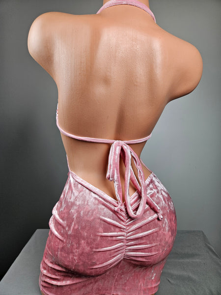 Pink Crushed Velvet Drawstring Mini Dress
