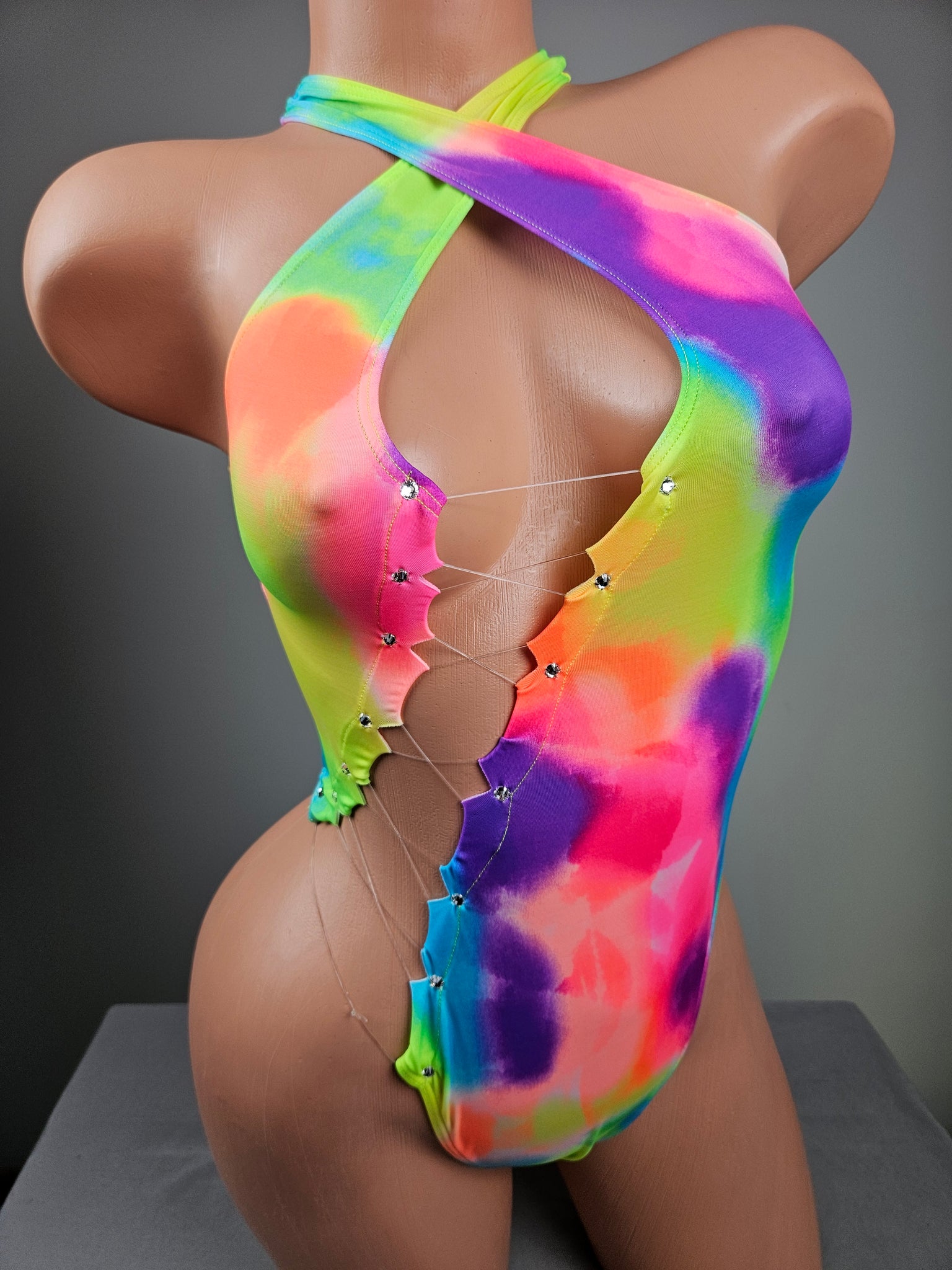 Tie Dye Lace Up Thong Back Romper
