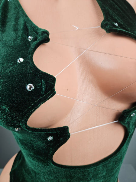 Green Velvet Lace Up Romper