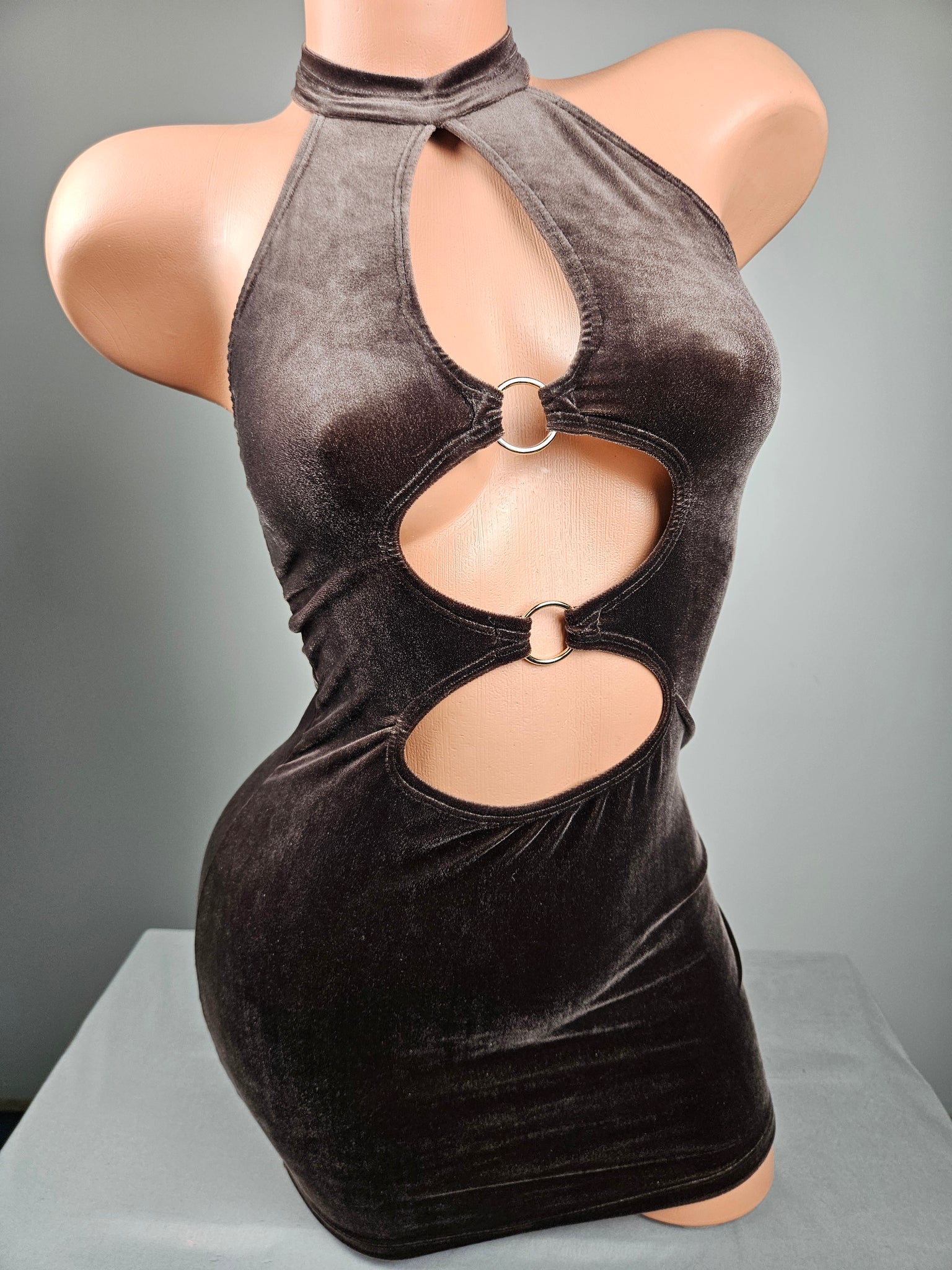 Chocolate Velvet Double Ring Cut Out Mini Dress