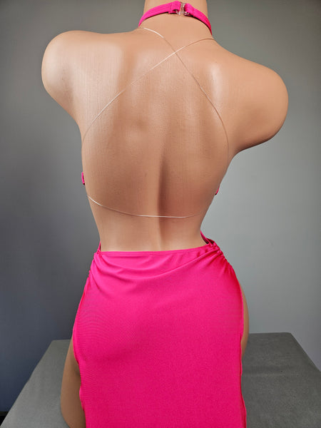 Fuchsia String Back Gown w/ Rhinestone Choker
