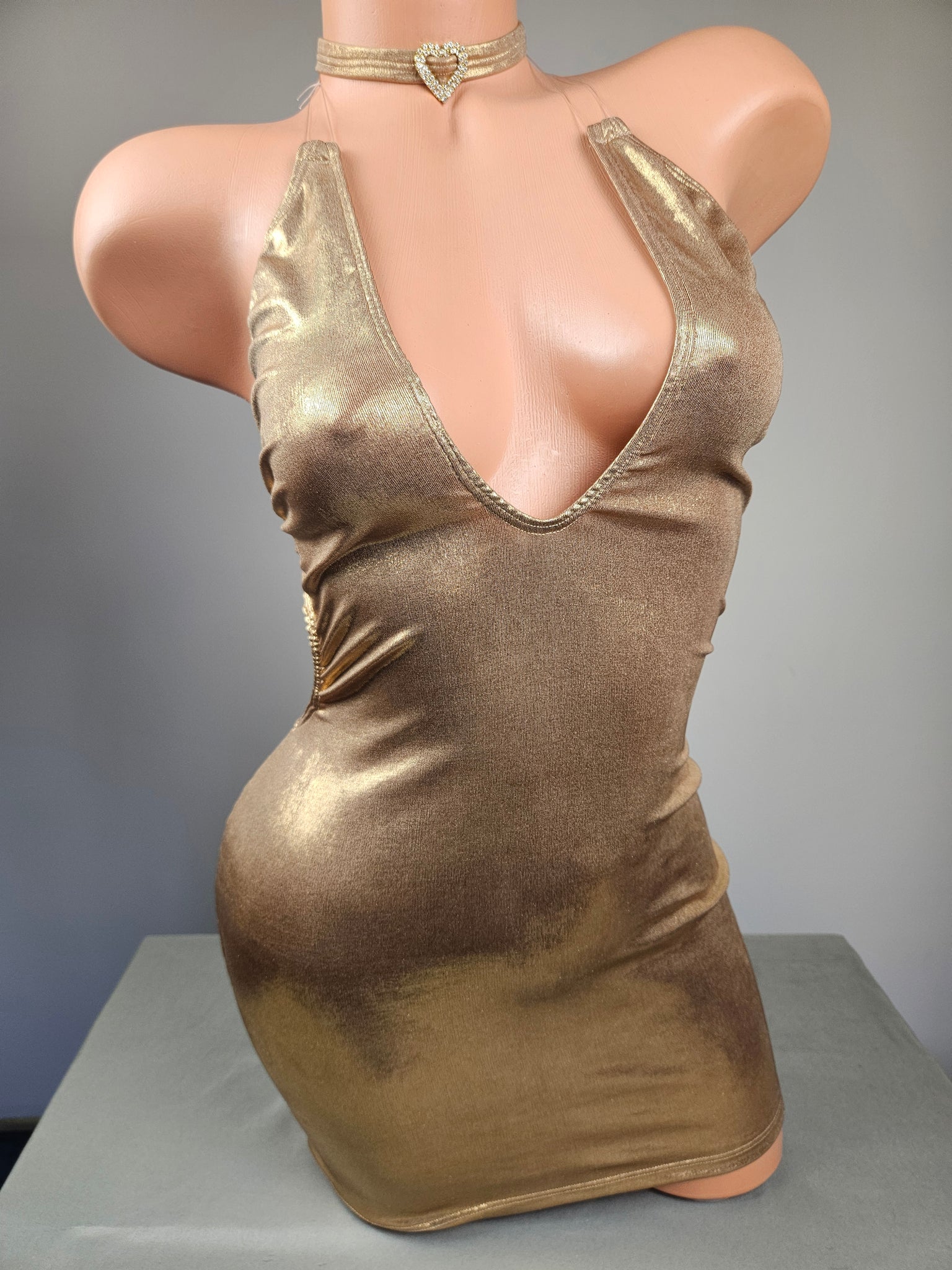 Metallic Gold String Back Mini Dress w/ Rhinestone Heart Choker