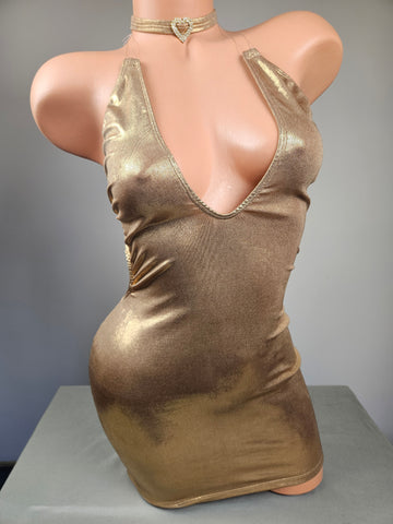 Metallic Gold String Back Mini Dress w/ Rhinestone Heart Choker