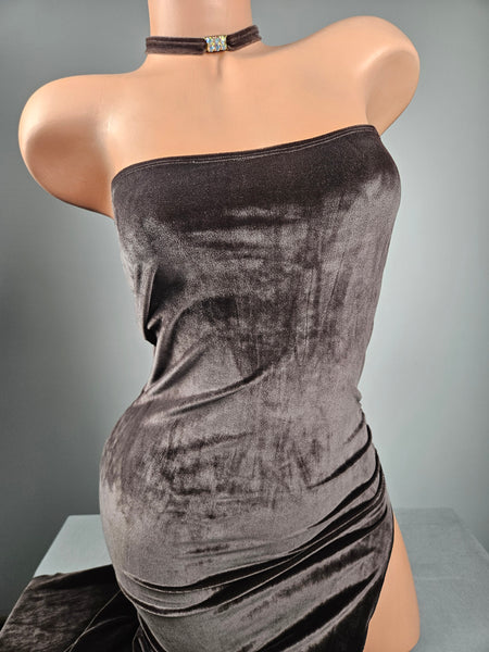 Strapless Velvet Gown w/ Rhinestone Choker