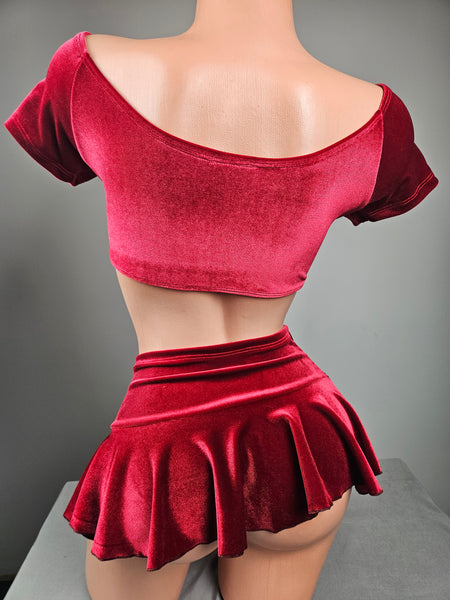 Off The Shoulder Velvet Ruffle Skirt Set