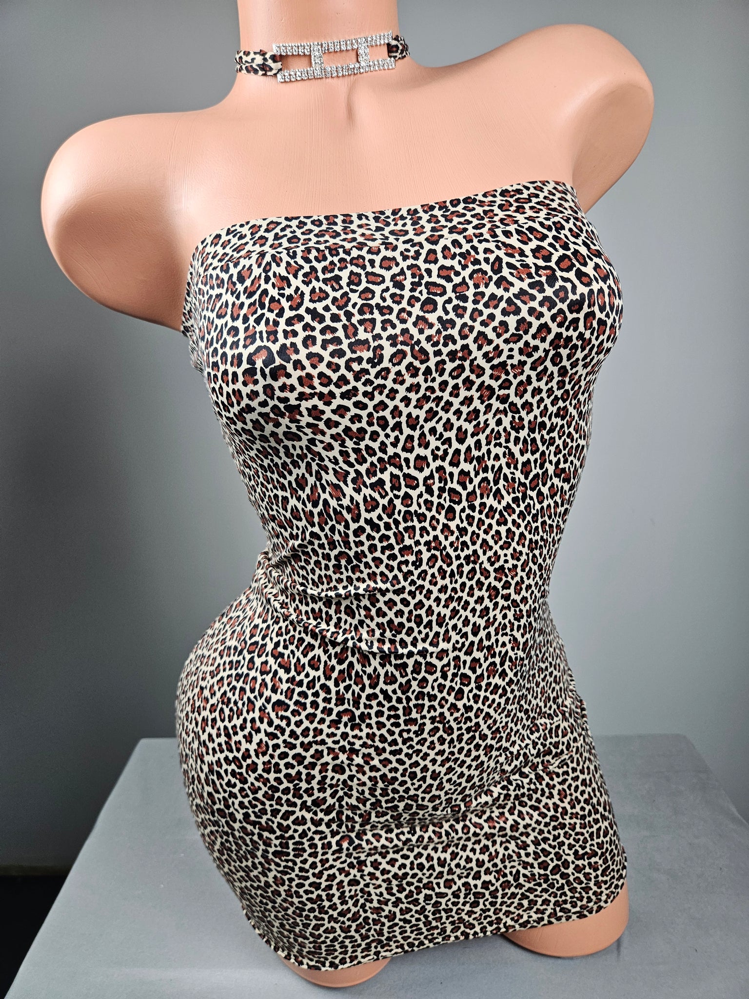 Strapless Animal Print Mini Dress w/ Rhinestone Choker