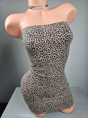 Strapless Animal Print Mini Dress w/ Rhinestone Choker