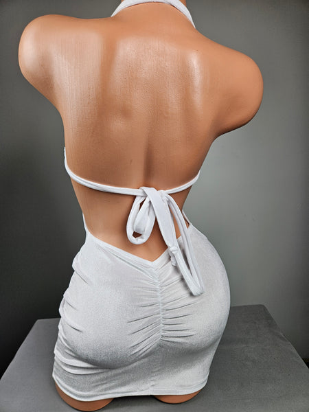 White Velvet Drawstring Mini Dress