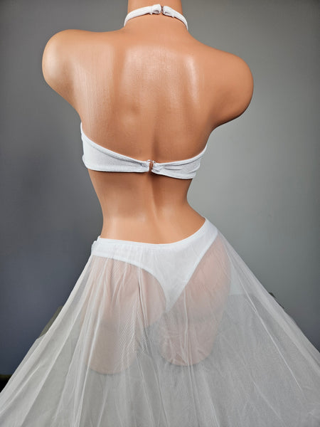 White Velvet Thong Bikini w/ Long Mesh Train