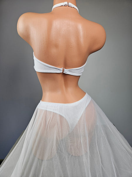 White Velvet Thong Bikini w/ Long Mesh Train
