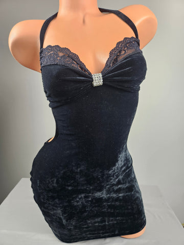 Black Crushed Velvet Draw String Mini Dress
