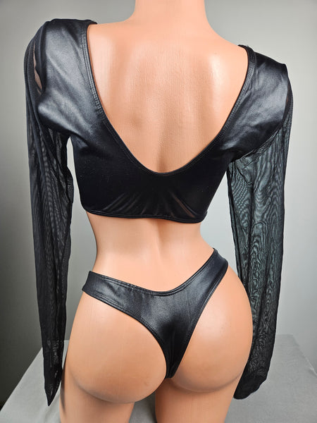 Black Wet Look Long Sleeve Thong Bikini