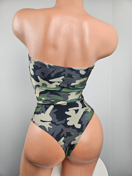 Strapless Camo Lace Up Thong Back Romper