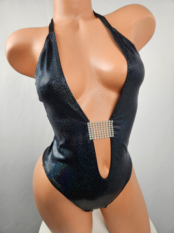 Holographic Black Deep V Thong Back Romper