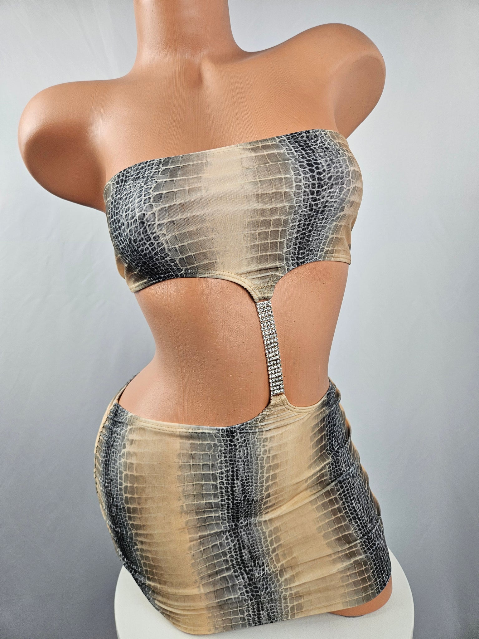 Strapless Snake Print Cut Out Mini Dress