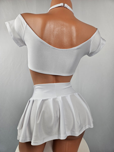 White Cap Sleeve Pleated Ruffle Skirt Set w/ Matching Choker