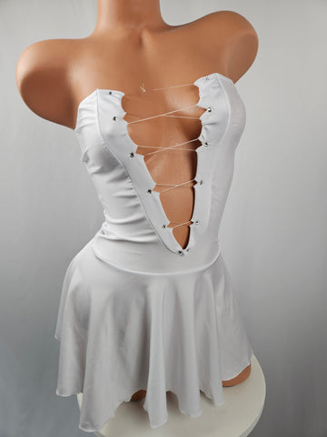 White Lace Up Strapless Mini Dress