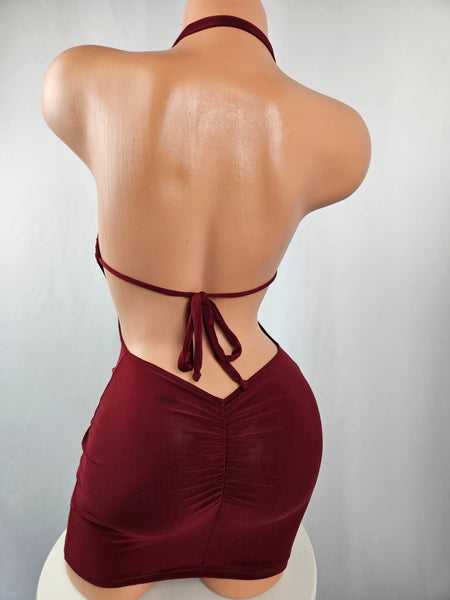 Burgundy Lace Drawstring Mini Dress