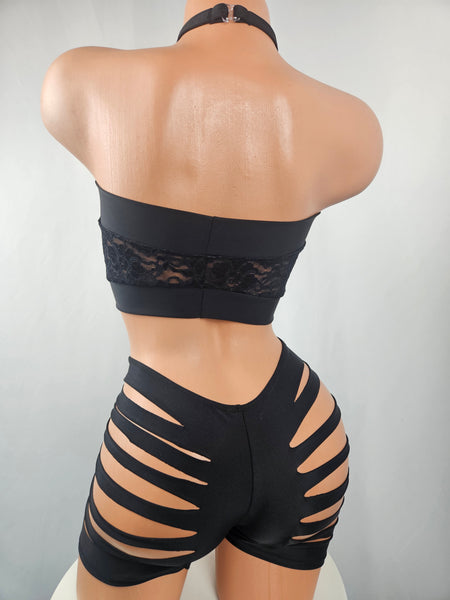 Black Lace Top Slash Short Set