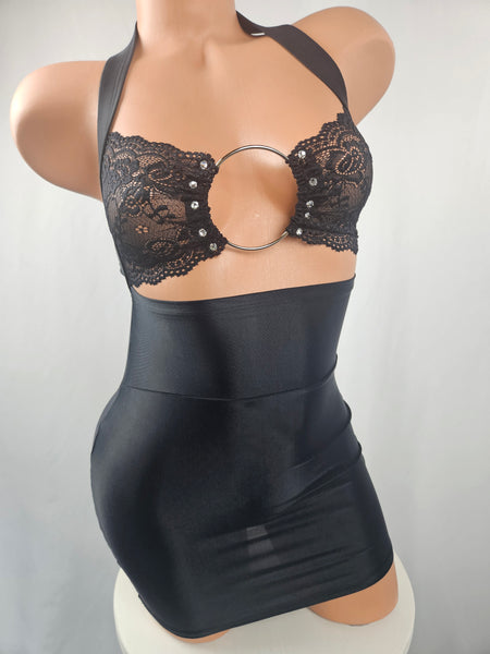 Black High Waist Lace Top Mini Dress