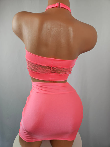 Coral High Waist Skirt Set